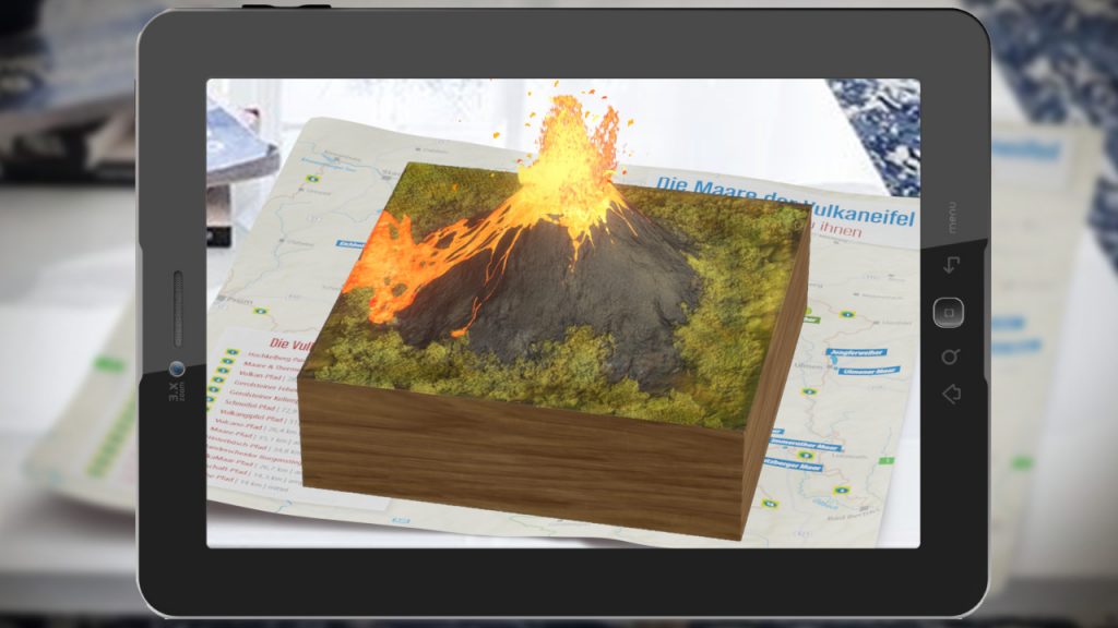 3D-Modell von Feuer spuckendem Vulkan auf Tablet