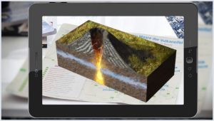 Tablet mit Querschnitt eines Vulkans in 3D