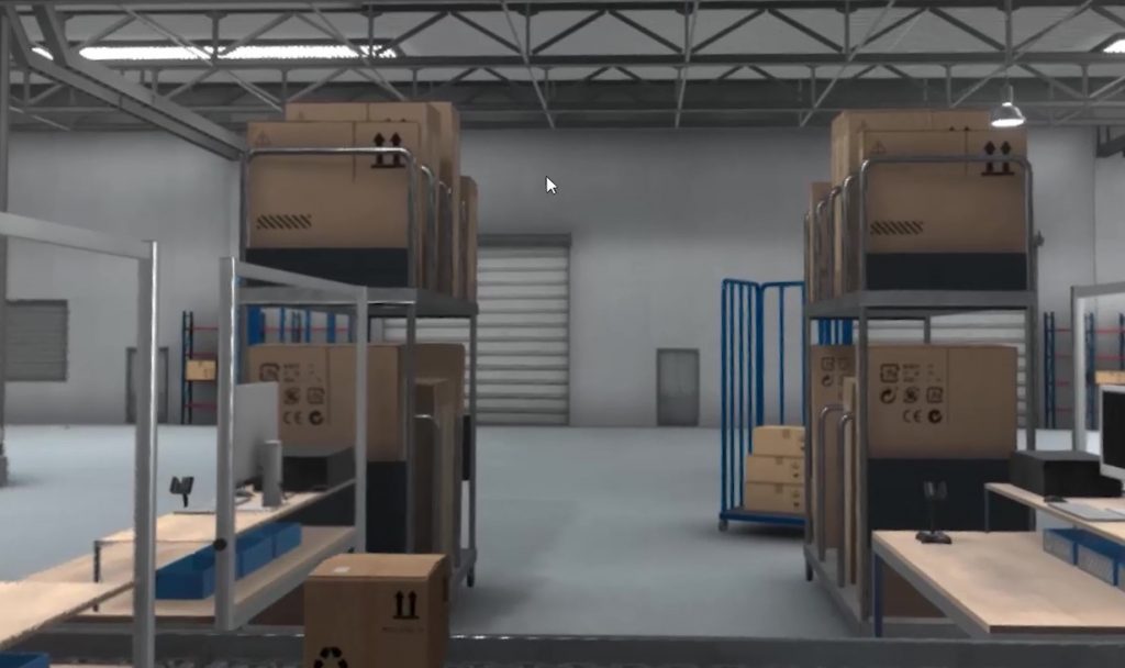 VR-Logistikzentrum mit Regalen und Paket-Förderband